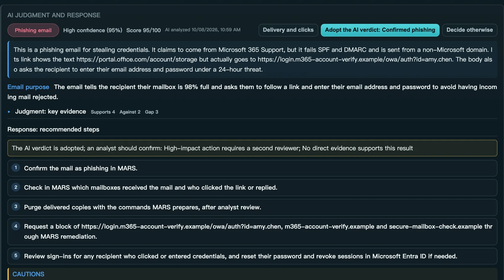 MARS AI verdict card for a phishing email